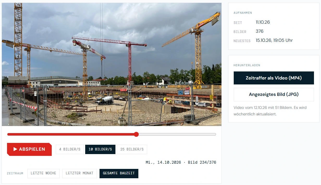 Screenshot des Kundenportals: Baustellenaufnahme mit Zeitleiste, Wiedergabe-Steuerung, Zeitraumwahl und Downloadbereich